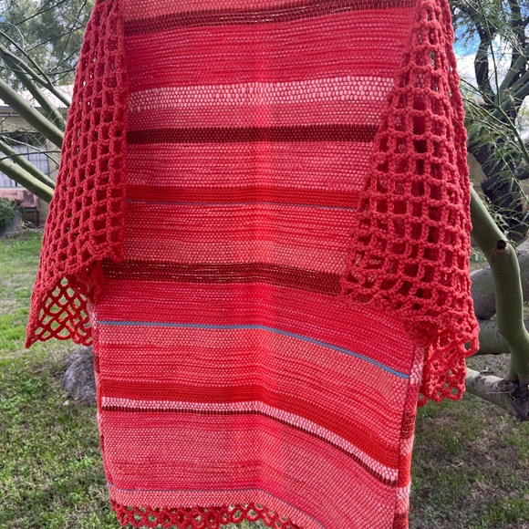 Women’s Coral & Orange Woven Sweater Coat w/ Crocheted Sleeves - Small - Picture 5 of 6